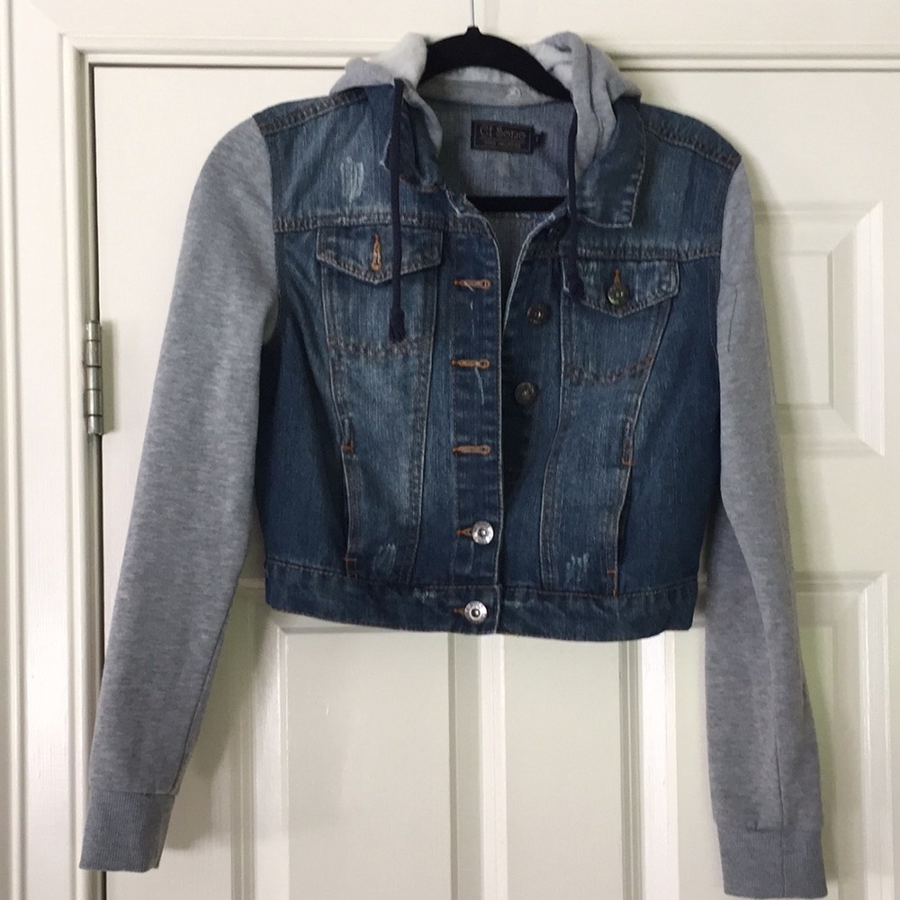 Denim jacket with sweatshirt sleeves and hood